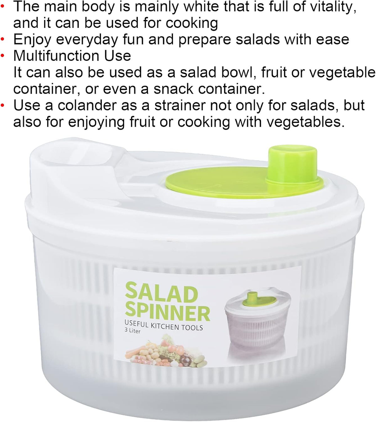 Large Salad Spinner with Drain, Salad Drainer Multifunction 3L Vegetable Dryer with Bowl and Colander for Cooking