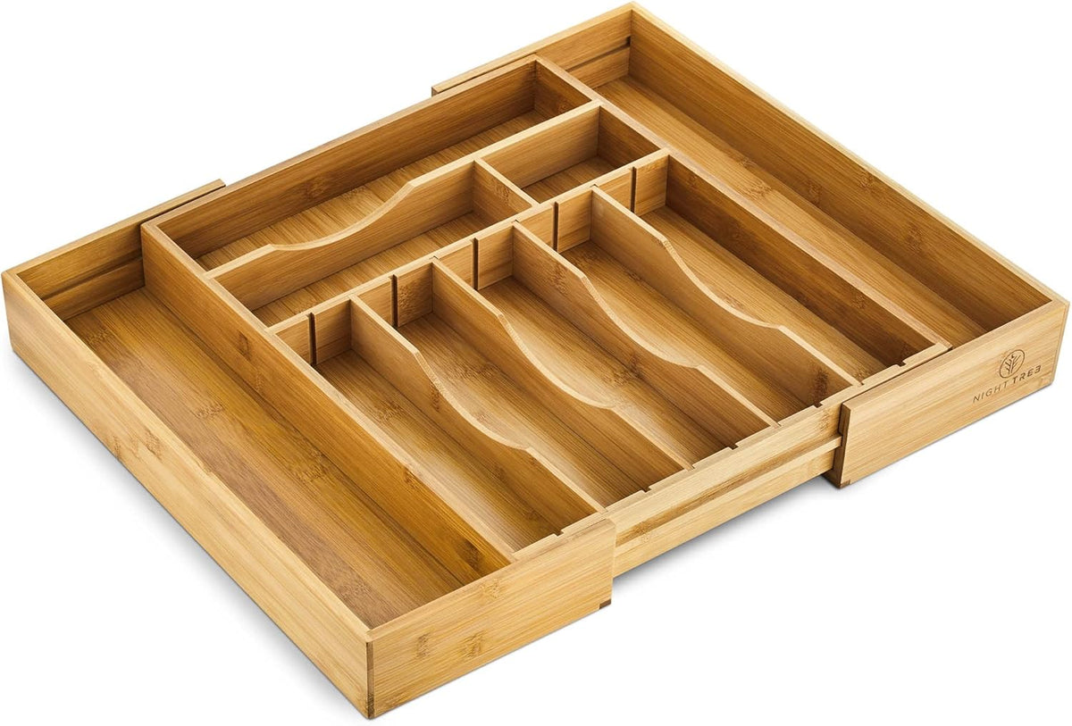 2.5” Extra Deep Silverware Drawer Organizer with Adjustable Dividers – Expandable Bamboo Flatware Tray for Kitchen, Reinforced Wood Cutlery Holder (14"-21.6" Wide)