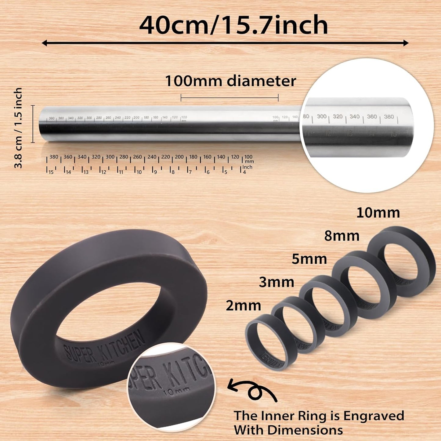 Adjustable Rolling Pin with Thickness Rings for Baking -Roller for Cake Pop | Non Stick Stainless Steel Dough Roller Pin with Bands for Cookie Pastry and Bread - Guides for Clay Supplies Grey 15.8 ''