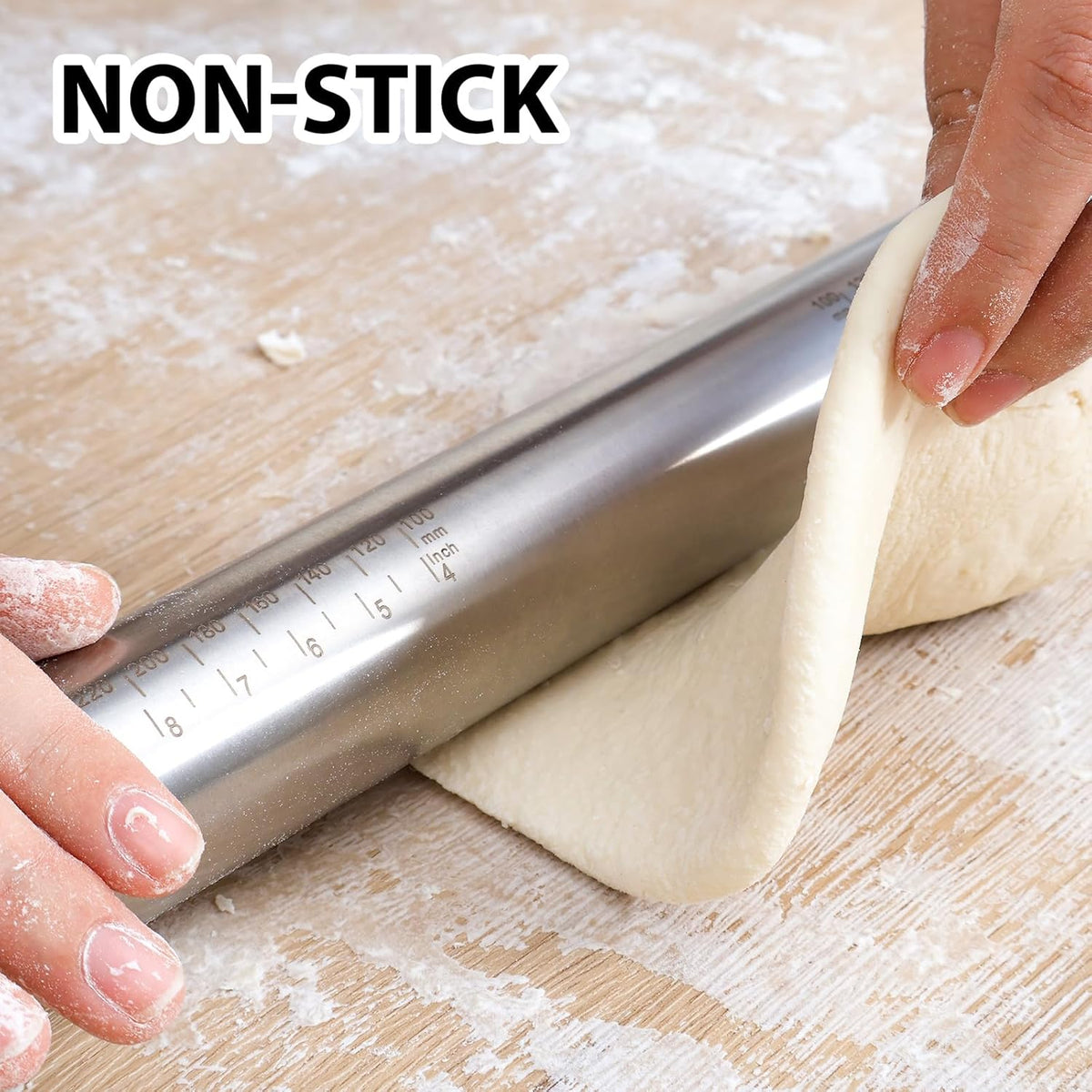 Adjustable Rolling Pin with Thickness Rings for Baking -Roller for Cake Pop | Non Stick Stainless Steel Dough Roller Pin with Bands for Cookie Pastry and Bread - Guides for Clay Supplies Grey 15.8 ''