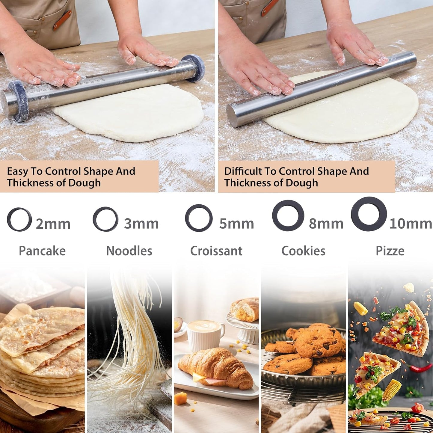 Adjustable Rolling Pin with Thickness Rings for Baking -Roller for Cake Pop | Non Stick Stainless Steel Dough Roller Pin with Bands for Cookie Pastry and Bread - Guides for Clay Supplies Grey 15.8 ''