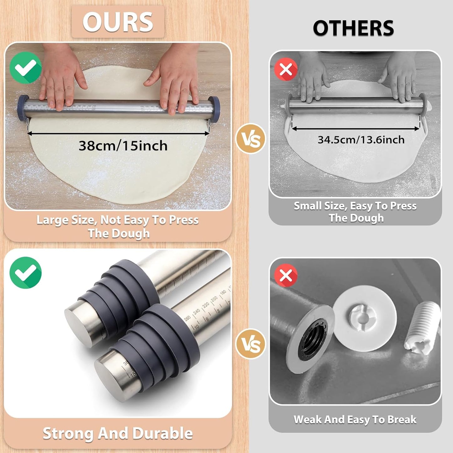 Adjustable Rolling Pin with Thickness Rings for Baking -Roller for Cake Pop | Non Stick Stainless Steel Dough Roller Pin with Bands for Cookie Pastry and Bread - Guides for Clay Supplies Grey 15.8 ''