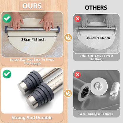 Adjustable Rolling Pin with Thickness Rings for Baking -Roller for Cake Pop | Non Stick Stainless Steel Dough Roller Pin with Bands for Cookie Pastry and Bread - Guides for Clay Supplies Grey 15.8 ''
