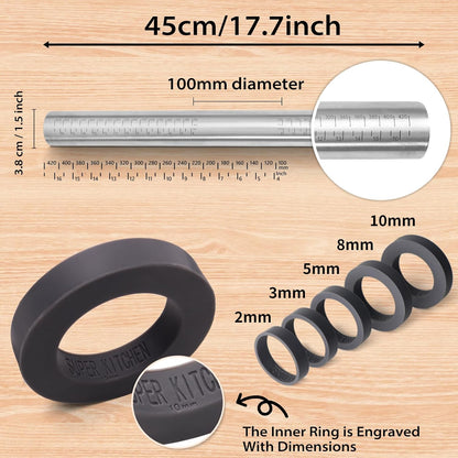 Adjustable Rolling Pin with Thickness Rings for Baking -Roller for Cake Pop | Non Stick Stainless Steel Dough Roller Pin with Bands for Cookie Pastry and Bread - Guides for Clay Supplies Grey 15.8 ''