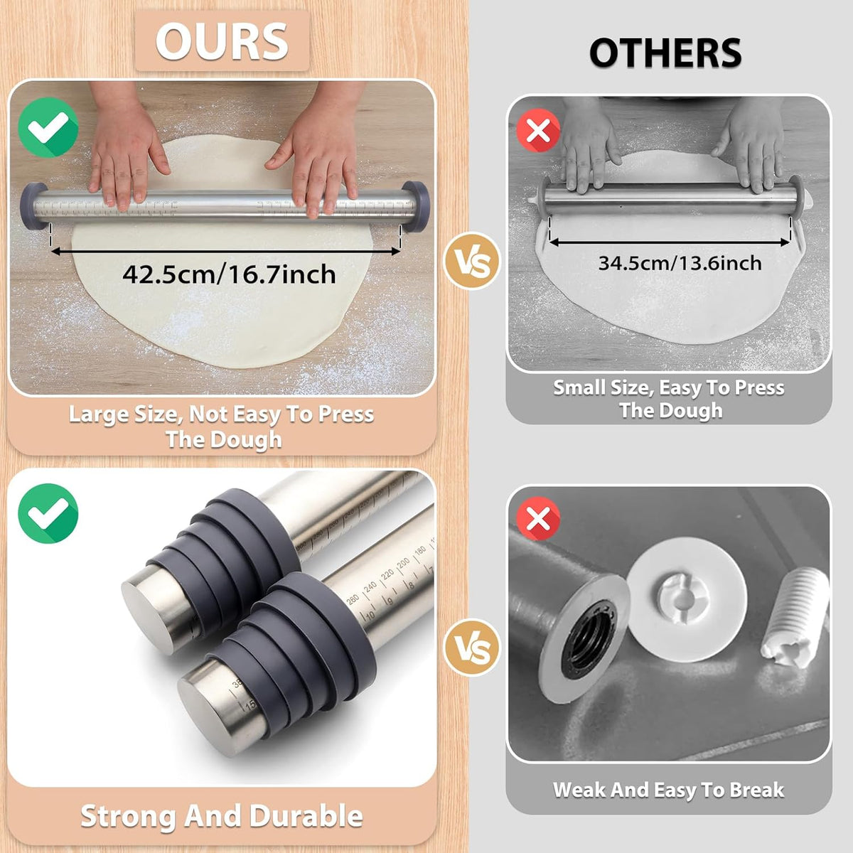 Adjustable Rolling Pin with Thickness Rings for Baking -Roller for Cake Pop | Non Stick Stainless Steel Dough Roller Pin with Bands for Cookie Pastry and Bread - Guides for Clay Supplies Grey 15.8 ''