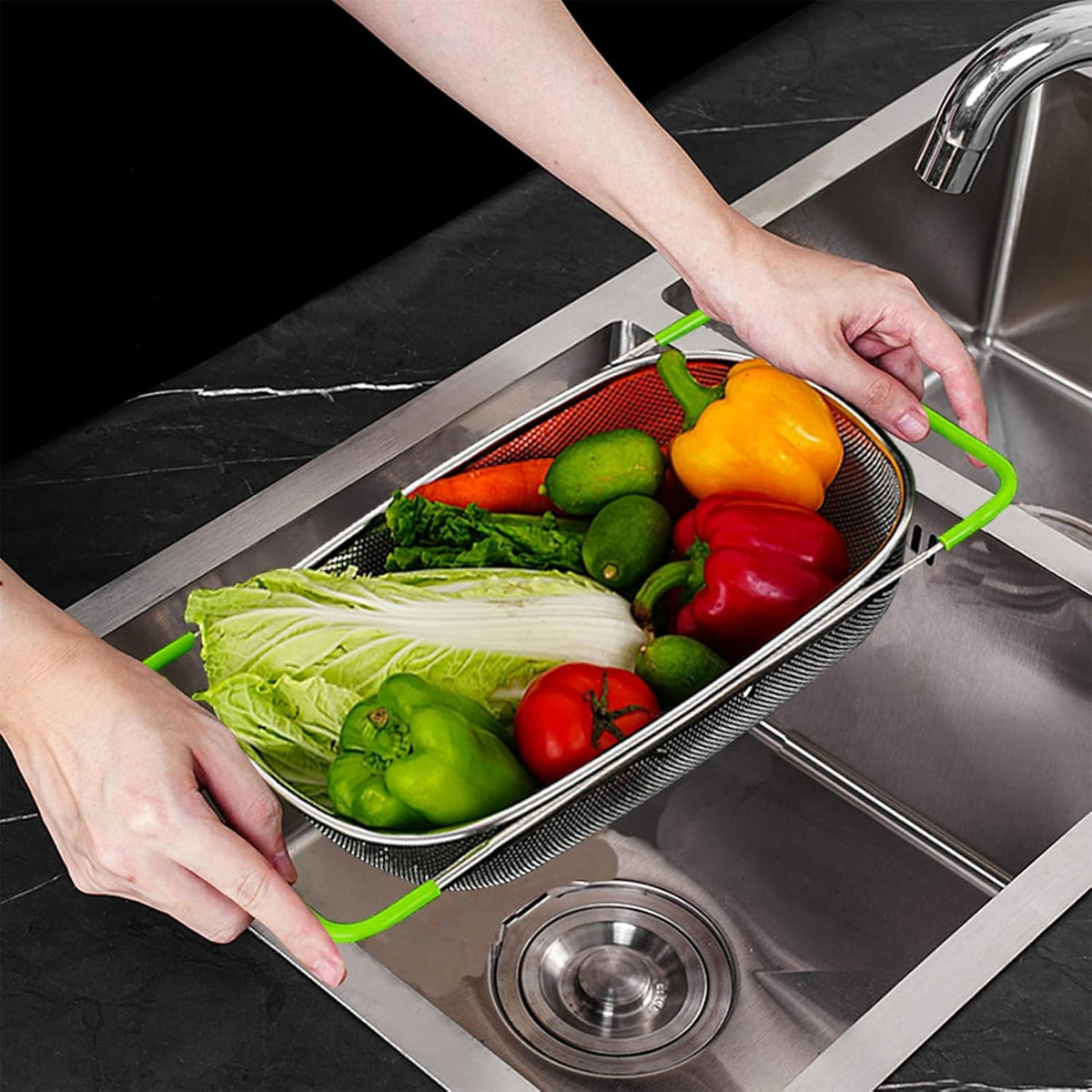 TENTA Premium Quality Over The Sink Stainless Steel Oval Small Colander with Fine Mesh 2.5 Quart Strainer Basket & Expandable Rubber Grip Handles-Strain,Drain,Rinse Fruits,Vegetables