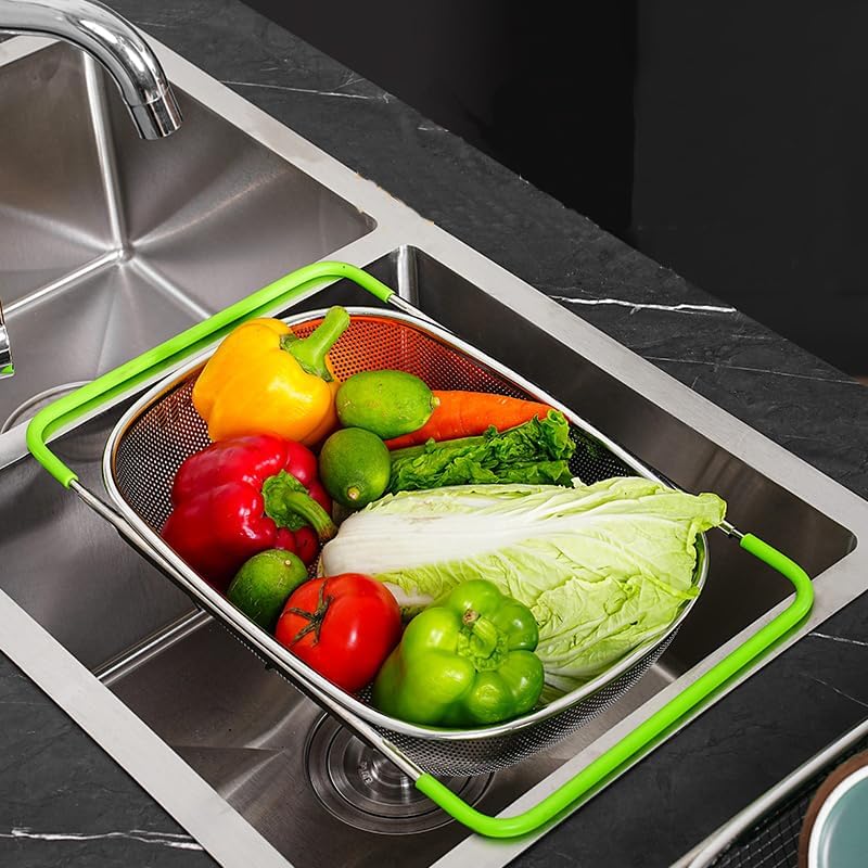 TENTA Premium Quality Over The Sink Stainless Steel Oval Small Colander with Fine Mesh 2.5 Quart Strainer Basket & Expandable Rubber Grip Handles-Strain,Drain,Rinse Fruits,Vegetables