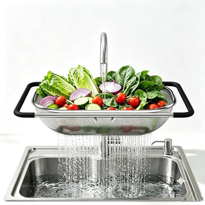 TENTA Premium Quality Over The Sink Stainless Steel Oval Small Colander with Fine Mesh 2.5 Quart Strainer Basket & Expandable Rubber Grip Handles-Strain,Drain,Rinse Fruits,Vegetables