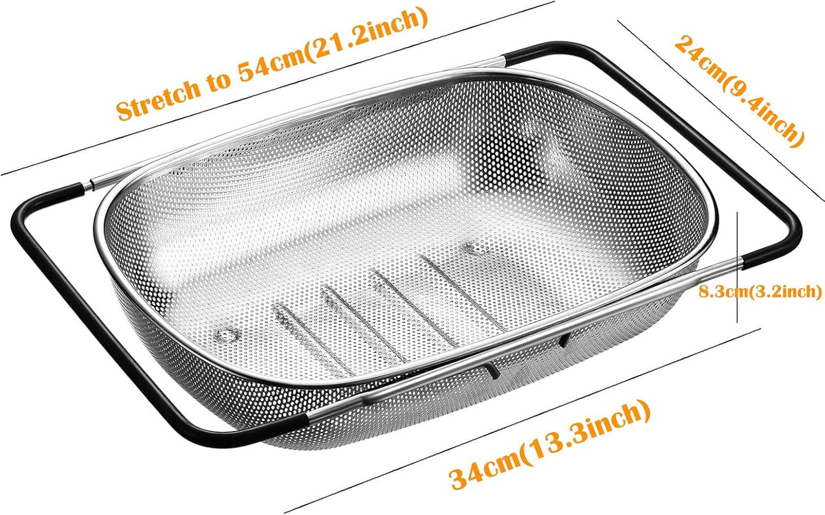 TENTA Premium Quality Over The Sink Stainless Steel Oval Small Colander with Fine Mesh 2.5 Quart Strainer Basket & Expandable Rubber Grip Handles-Strain,Drain,Rinse Fruits,Vegetables