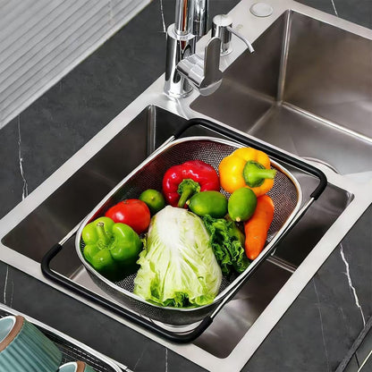 TENTA Premium Quality Over The Sink Stainless Steel Oval Small Colander with Fine Mesh 2.5 Quart Strainer Basket & Expandable Rubber Grip Handles-Strain,Drain,Rinse Fruits,Vegetables