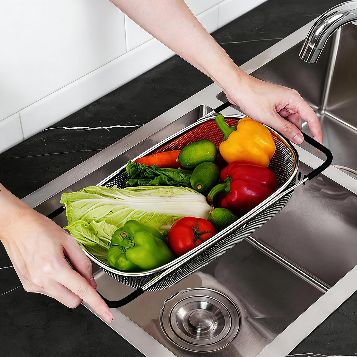 TENTA Premium Quality Over The Sink Stainless Steel Oval Small Colander with Fine Mesh 2.5 Quart Strainer Basket & Expandable Rubber Grip Handles-Strain,Drain,Rinse Fruits,Vegetables