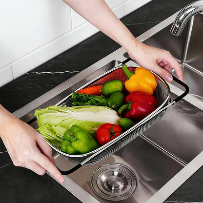 TENTA Premium Quality Over The Sink Stainless Steel Oval Small Colander with Fine Mesh 2.5 Quart Strainer Basket & Expandable Rubber Grip Handles-Strain,Drain,Rinse Fruits,Vegetables