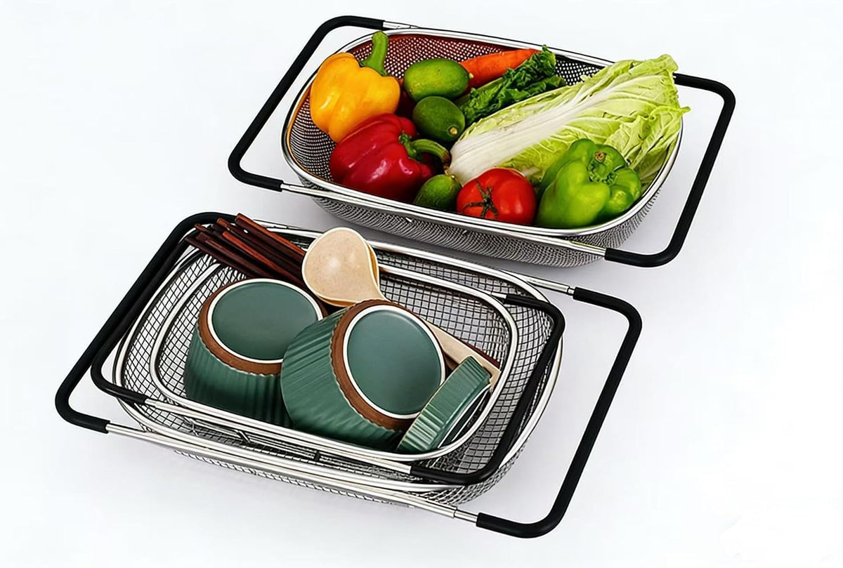 TENTA Premium Quality Over The Sink Stainless Steel Oval Small Colander with Fine Mesh 2.5 Quart Strainer Basket & Expandable Rubber Grip Handles-Strain,Drain,Rinse Fruits,Vegetables