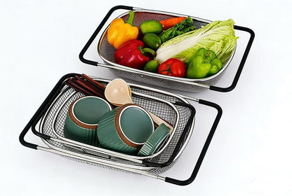 TENTA Premium Quality Over The Sink Stainless Steel Oval Small Colander with Fine Mesh 2.5 Quart Strainer Basket & Expandable Rubber Grip Handles-Strain,Drain,Rinse Fruits,Vegetables