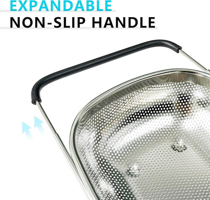 TENTA Premium Quality Over The Sink Stainless Steel Oval Small Colander with Fine Mesh 2.5 Quart Strainer Basket & Expandable Rubber Grip Handles-Strain,Drain,Rinse Fruits,Vegetables