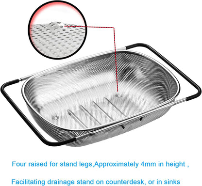 TENTA Premium Quality Over The Sink Stainless Steel Oval Small Colander with Fine Mesh 2.5 Quart Strainer Basket & Expandable Rubber Grip Handles-Strain,Drain,Rinse Fruits,Vegetables