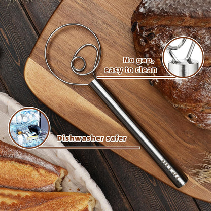 Danish Dough Whisk, 12 Inch Stainless Steel Bread Whisk | Sourdough Whisk for Mixing Dough with Less Effort and Easy Cleaning
