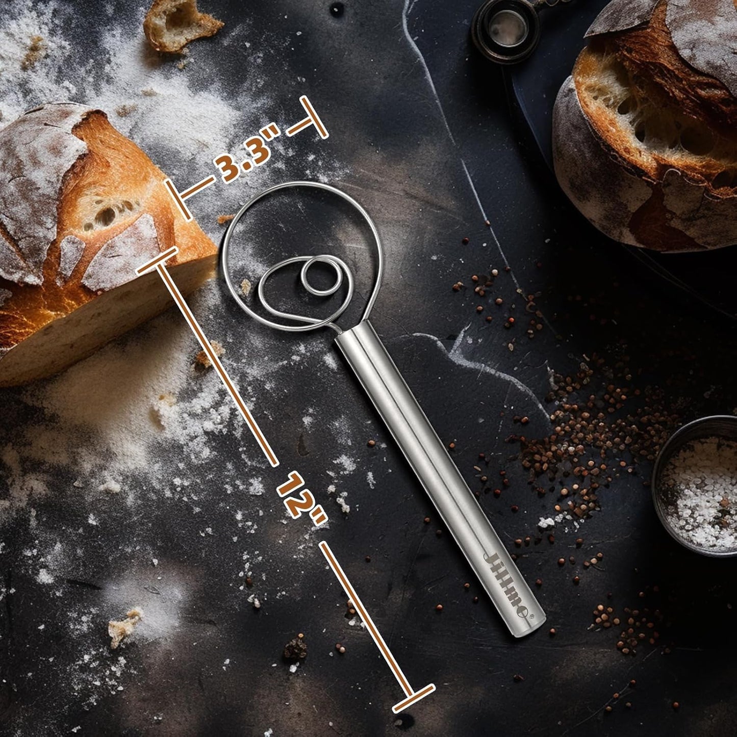 Danish Dough Whisk, 12 Inch Stainless Steel Bread Whisk | Sourdough Whisk for Mixing Dough with Less Effort and Easy Cleaning