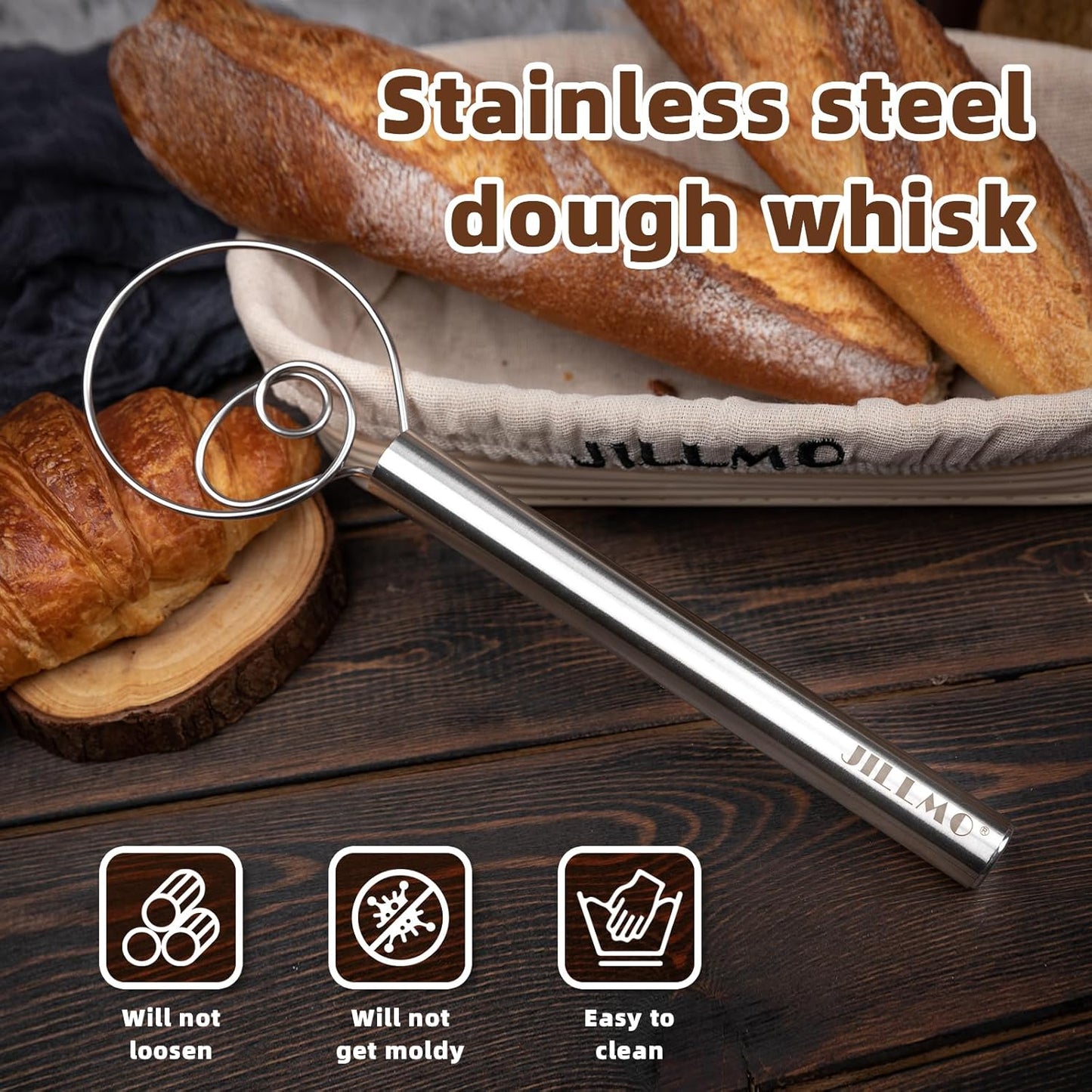 Danish Dough Whisk, 12 Inch Stainless Steel Bread Whisk | Sourdough Whisk for Mixing Dough with Less Effort and Easy Cleaning