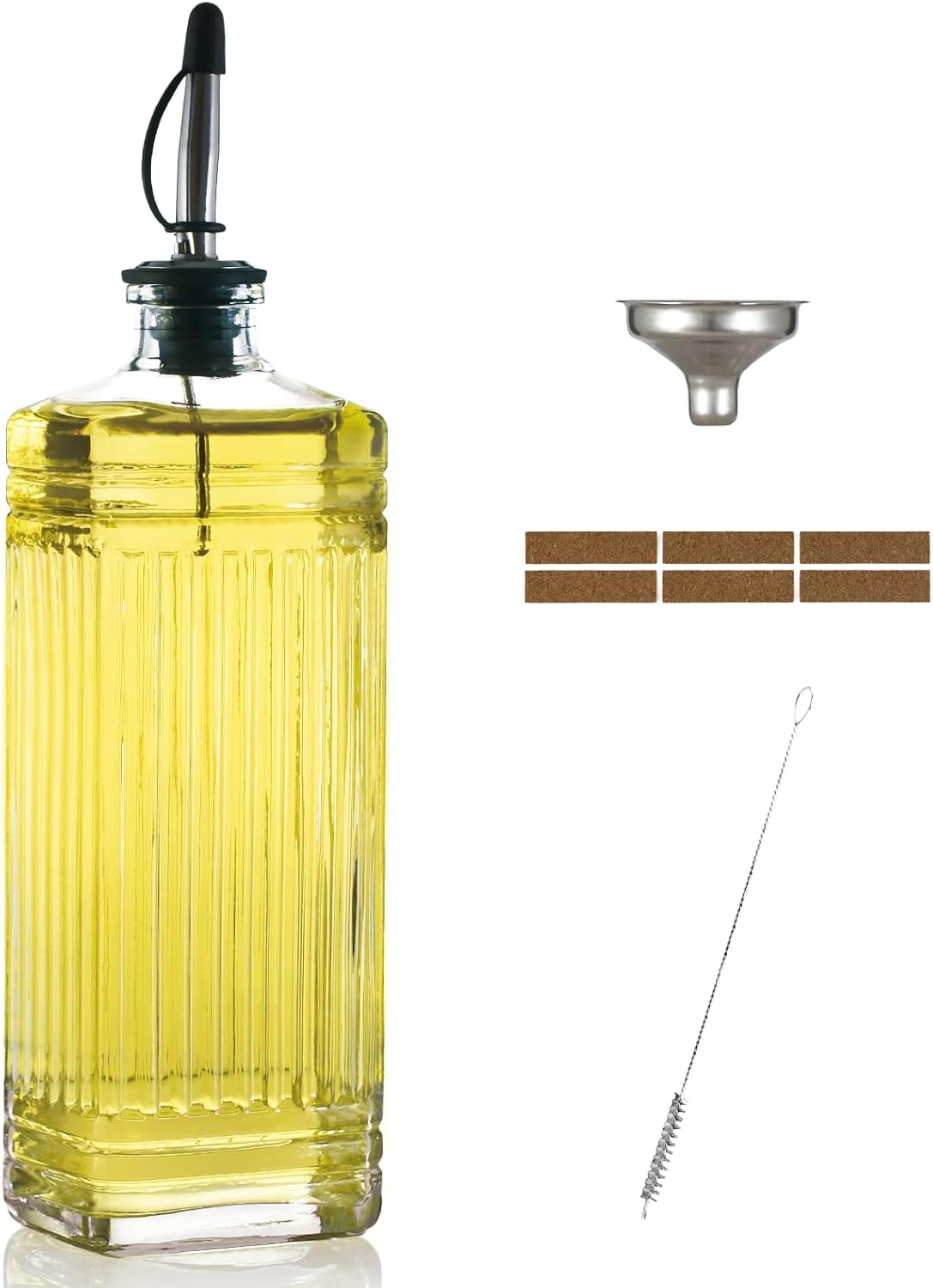 1-Pack Glass Olive Oil Dispenser 500ML/17OZ, Rectangular Vinegar Bottle with Stainless Steel Pourer, Brush, Funnel, Label (Ribbed)