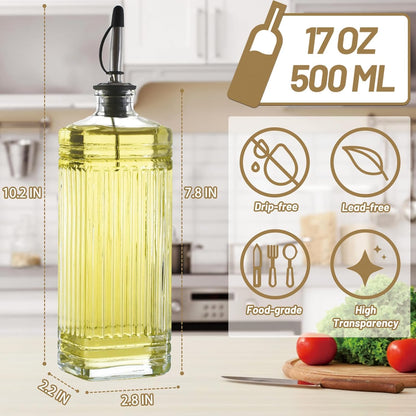 1-Pack Glass Olive Oil Dispenser 500ML/17OZ, Rectangular Vinegar Bottle with Stainless Steel Pourer, Brush, Funnel, Label (Ribbed)