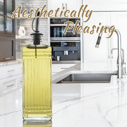 1-Pack Glass Olive Oil Dispenser 500ML/17OZ, Rectangular Vinegar Bottle with Stainless Steel Pourer, Brush, Funnel, Label (Ribbed)