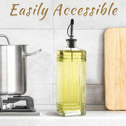 1-Pack Glass Olive Oil Dispenser 500ML/17OZ, Rectangular Vinegar Bottle with Stainless Steel Pourer, Brush, Funnel, Label (Ribbed)