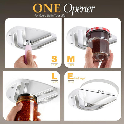 Mount-on Cabinet Jar Opener for Weak Hands,Seniors with Arthritis,Double U Shaped Grooves Grip Bottle Opener for Any Size Lid,304 Stainless Steel One-Handed Can Opener Tool for Home Assistance,White
