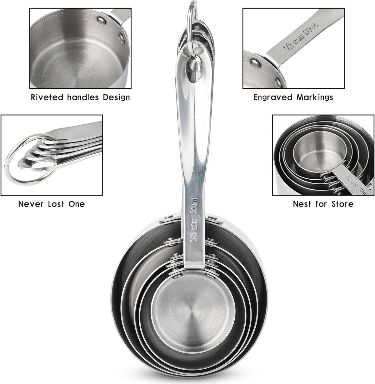 Measuring Cups and Spoons Set, 18/8 Stainless Steel Measuring Cups and Spoons Set for Kitchen & Baking, 5 MeasurE Cups &6 Long MeasurE Spoons&Leveler, Metric Measure Tools for Dry & Liquid