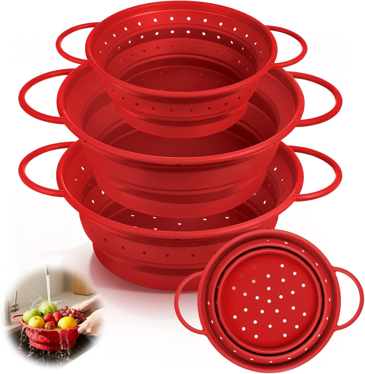 3 Pack Collapsible Colander with Strainer Bowl Set,Red