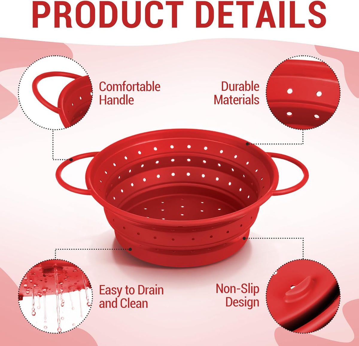 3 Pack Collapsible Colander with Strainer Bowl Set,Red