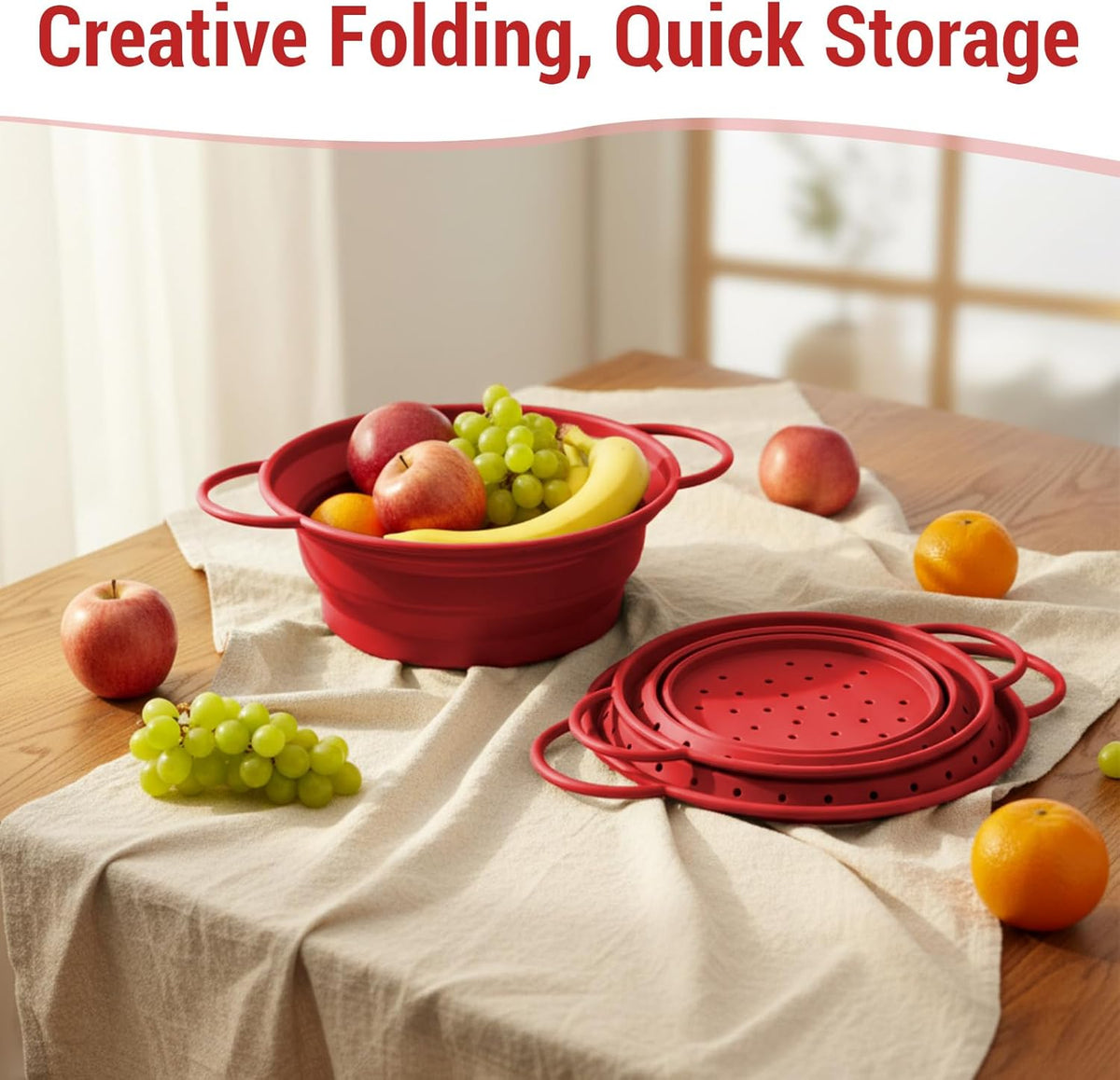 3 Pack Collapsible Colander with Strainer Bowl Set,Red
