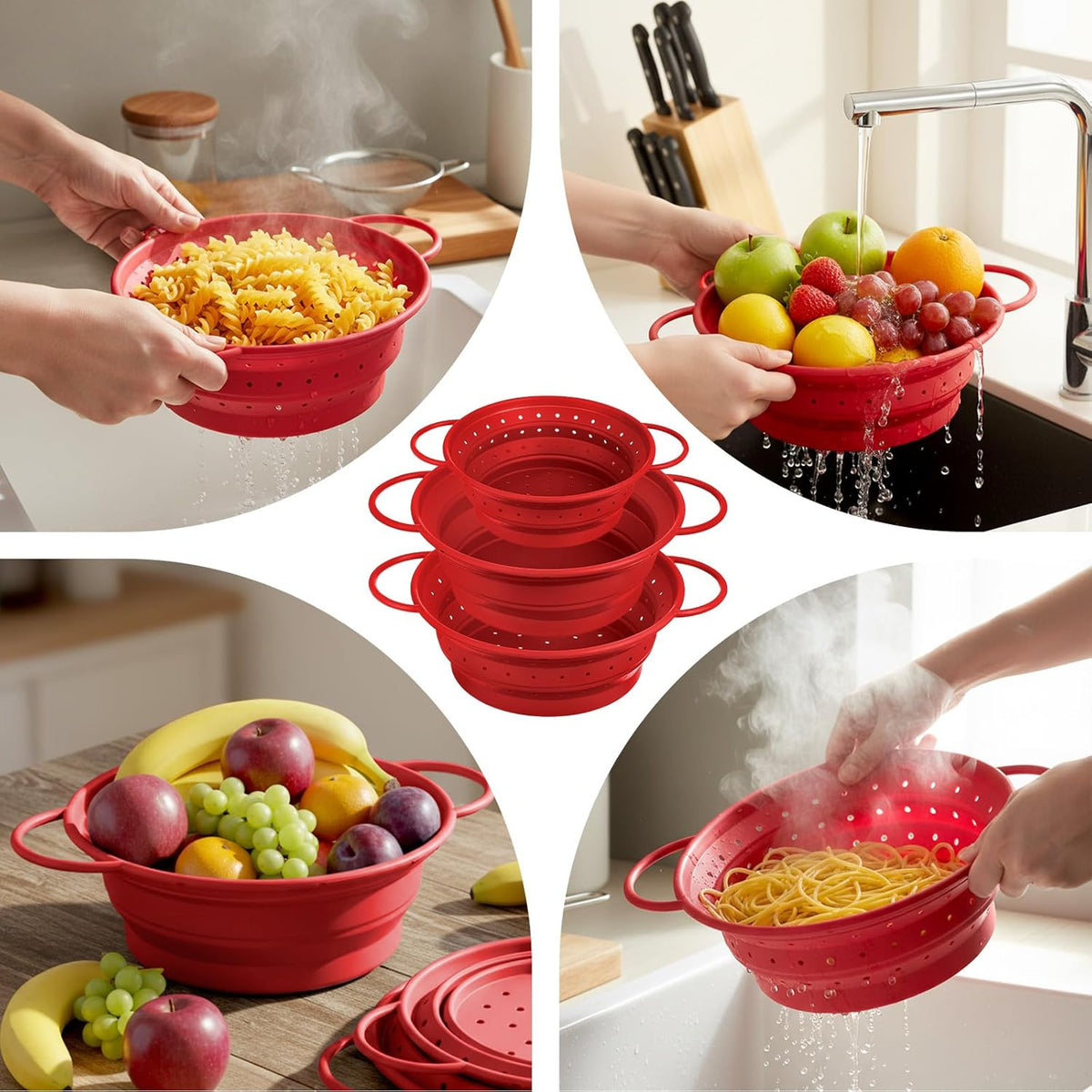 3 Pack Collapsible Colander with Strainer Bowl Set,Red