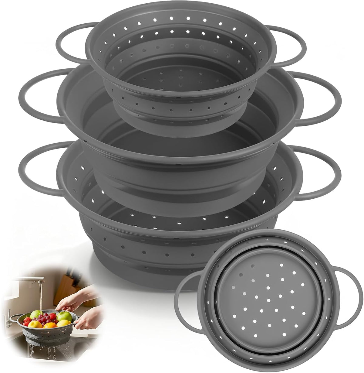 3 Pack Collapsible Colander with Strainer Bowl Set,Red