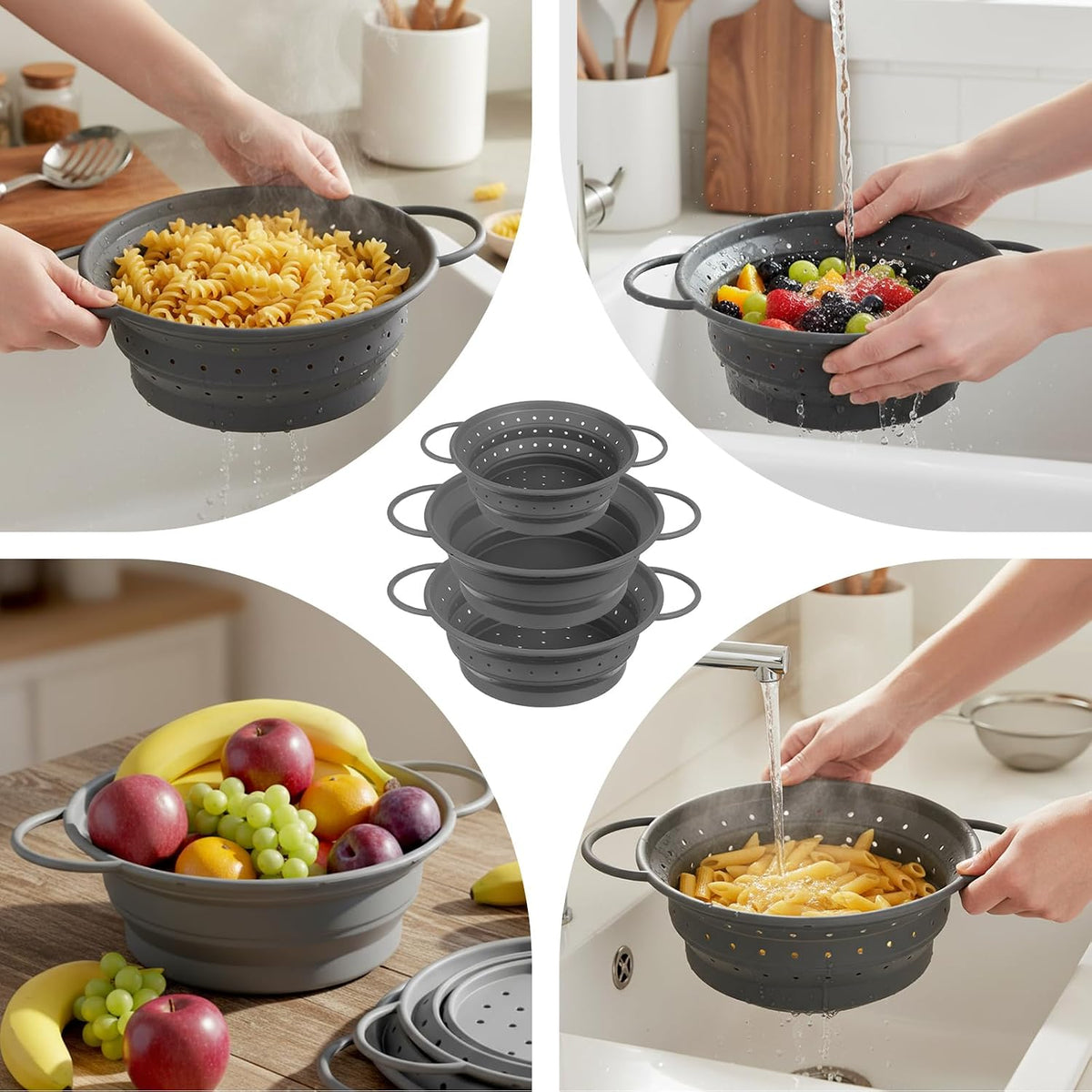 3 Pack Collapsible Colander with Strainer Bowl Set,Red