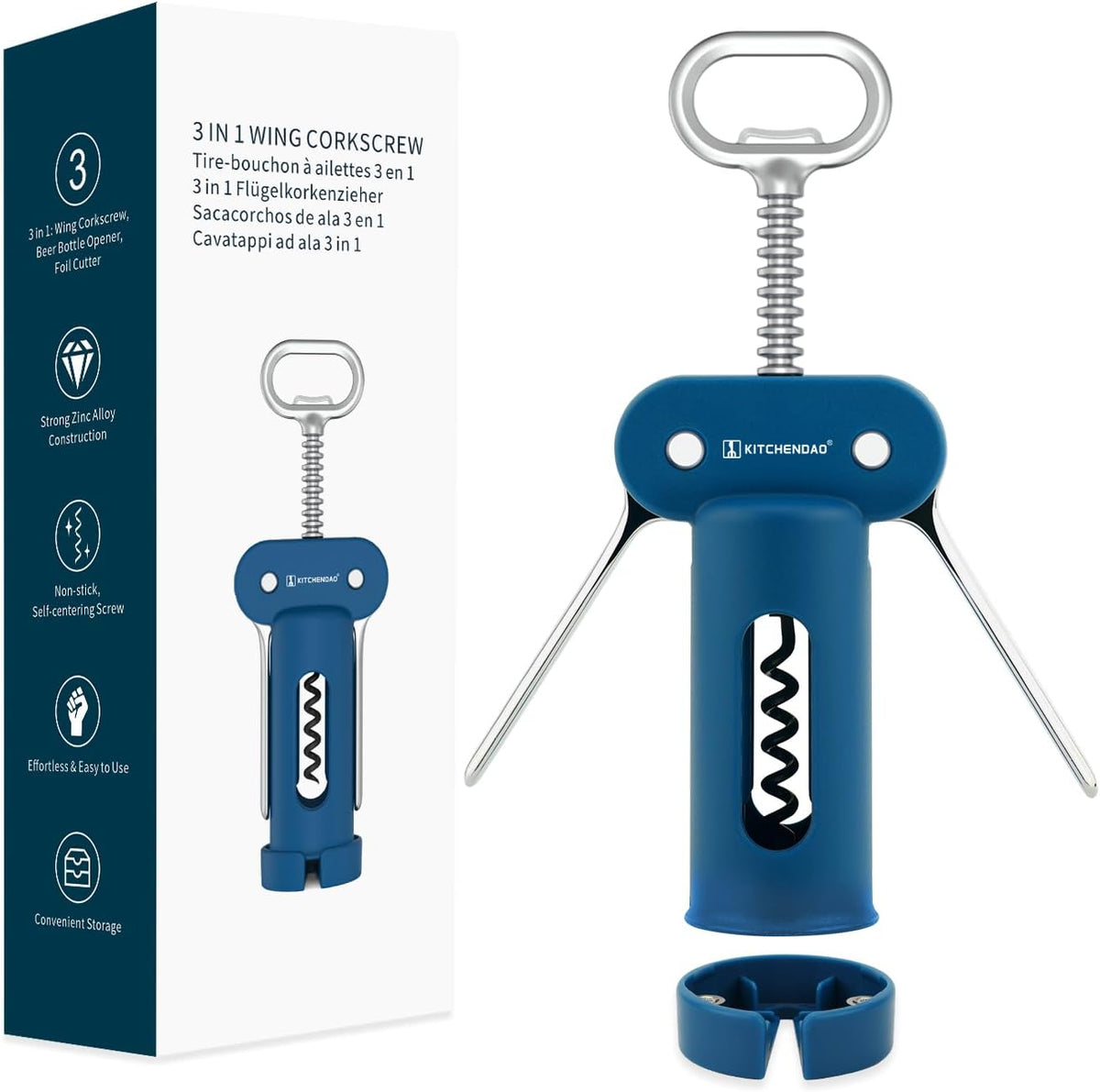 3 in 1 Wing Corkscrew Wine Bottle Opener with Foil Cutter, Built-in Beer Bottle Opener, Multifunctional Wine Opener with Non-Stick Sharp Screw, Easy to Use, Manual Wine Corkscrew, Blue