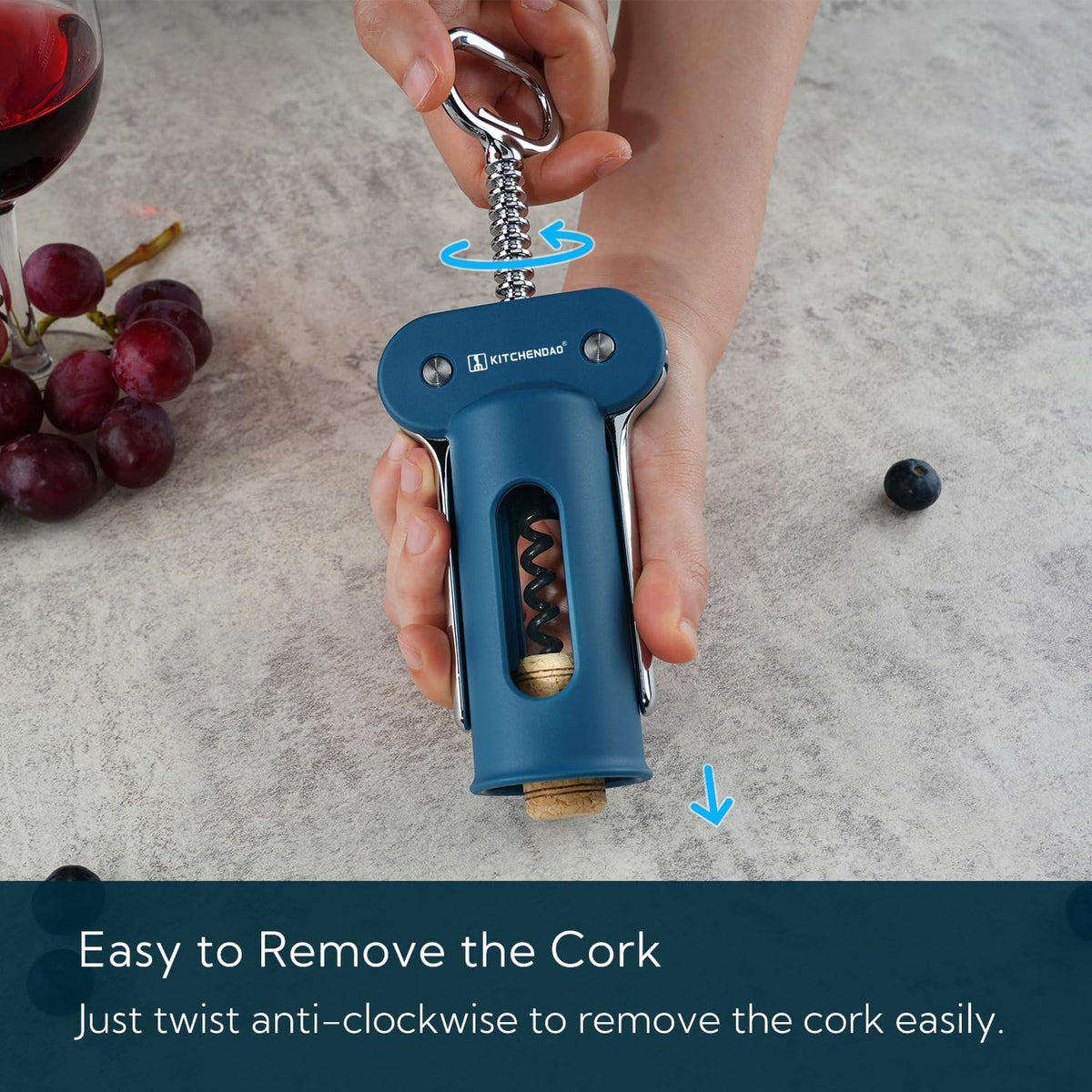 3 in 1 Wing Corkscrew Wine Bottle Opener with Foil Cutter, Built-in Beer Bottle Opener, Multifunctional Wine Opener with Non-Stick Sharp Screw, Easy to Use, Manual Wine Corkscrew, Blue