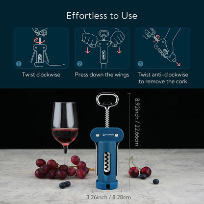 3 in 1 Wing Corkscrew Wine Bottle Opener with Foil Cutter, Built-in Beer Bottle Opener, Multifunctional Wine Opener with Non-Stick Sharp Screw, Easy to Use, Manual Wine Corkscrew, Blue