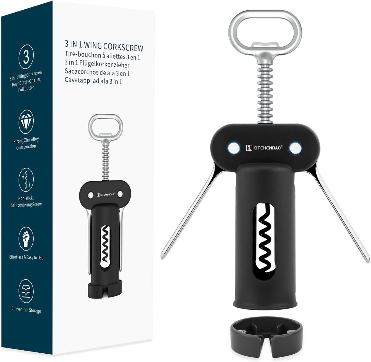 3 in 1 Wing Corkscrew Wine Bottle Opener with Foil Cutter, Built-in Beer Bottle Opener, Multifunctional Wine Opener with Non-Stick Sharp Screw, Easy to Use, Manual Wine Corkscrew, Blue