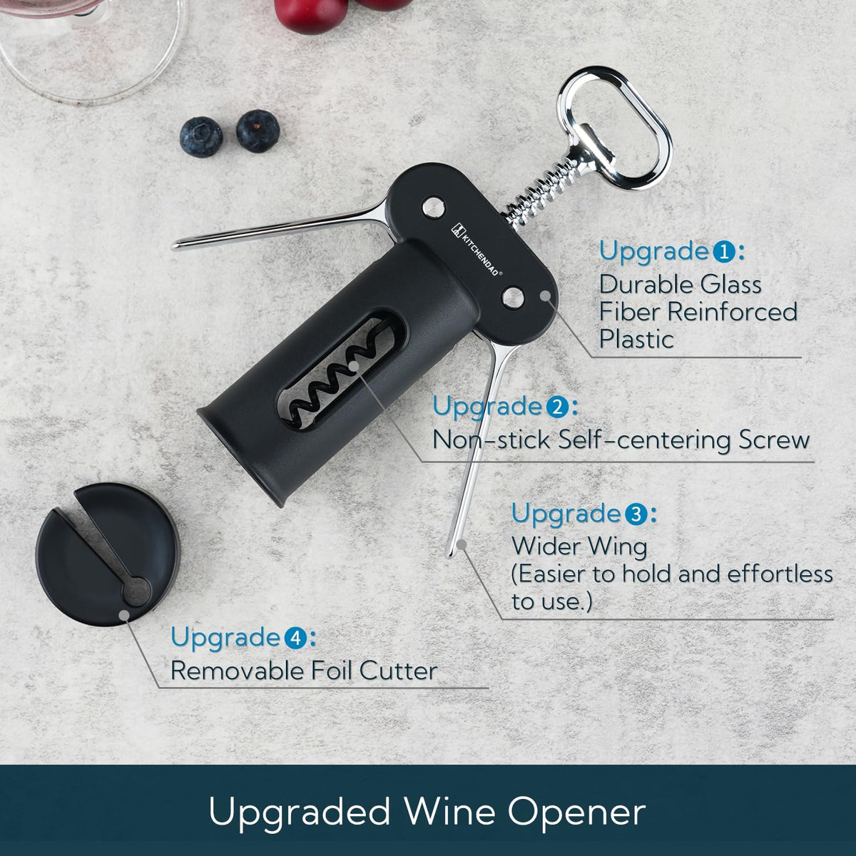 3 in 1 Wing Corkscrew Wine Bottle Opener with Foil Cutter, Built-in Beer Bottle Opener, Multifunctional Wine Opener with Non-Stick Sharp Screw, Easy to Use, Manual Wine Corkscrew, Blue