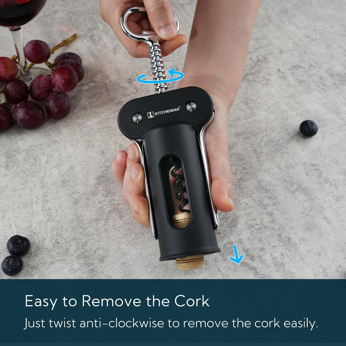 3 in 1 Wing Corkscrew Wine Bottle Opener with Foil Cutter, Built-in Beer Bottle Opener, Multifunctional Wine Opener with Non-Stick Sharp Screw, Easy to Use, Manual Wine Corkscrew, Blue