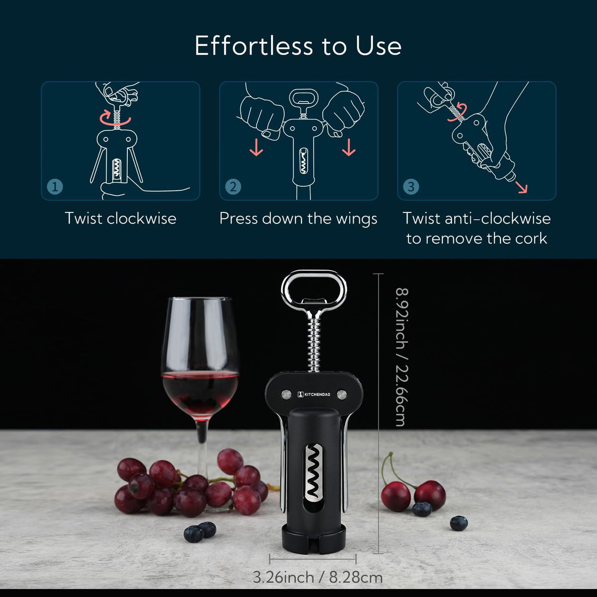 3 in 1 Wing Corkscrew Wine Bottle Opener with Foil Cutter, Built-in Beer Bottle Opener, Multifunctional Wine Opener with Non-Stick Sharp Screw, Easy to Use, Manual Wine Corkscrew, Blue