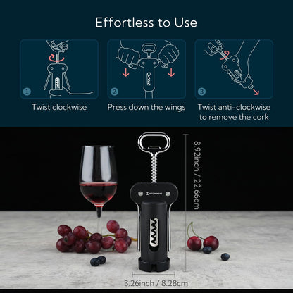 3 in 1 Wing Corkscrew Wine Bottle Opener with Foil Cutter, Built-in Beer Bottle Opener, Multifunctional Wine Opener with Non-Stick Sharp Screw, Easy to Use, Manual Wine Corkscrew, Blue