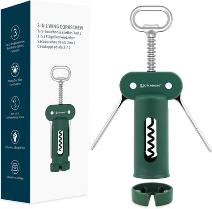 3 in 1 Wing Corkscrew Wine Bottle Opener with Foil Cutter, Built-in Beer Bottle Opener, Multifunctional Wine Opener with Non-Stick Sharp Screw, Easy to Use, Manual Wine Corkscrew, Blue