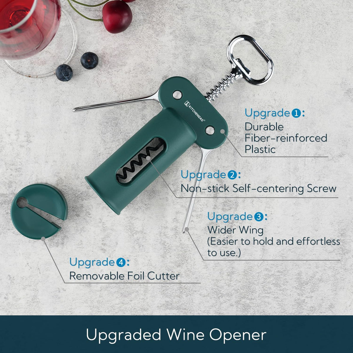 3 in 1 Wing Corkscrew Wine Bottle Opener with Foil Cutter, Built-in Beer Bottle Opener, Multifunctional Wine Opener with Non-Stick Sharp Screw, Easy to Use, Manual Wine Corkscrew, Blue
