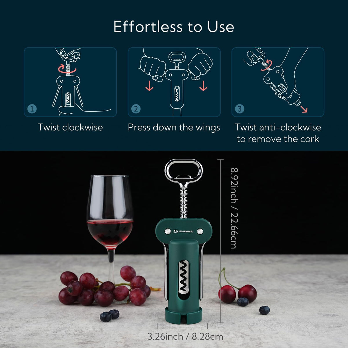 3 in 1 Wing Corkscrew Wine Bottle Opener with Foil Cutter, Built-in Beer Bottle Opener, Multifunctional Wine Opener with Non-Stick Sharp Screw, Easy to Use, Manual Wine Corkscrew, Blue