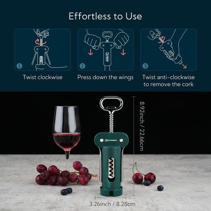 3 in 1 Wing Corkscrew Wine Bottle Opener with Foil Cutter, Built-in Beer Bottle Opener, Multifunctional Wine Opener with Non-Stick Sharp Screw, Easy to Use, Manual Wine Corkscrew, Blue