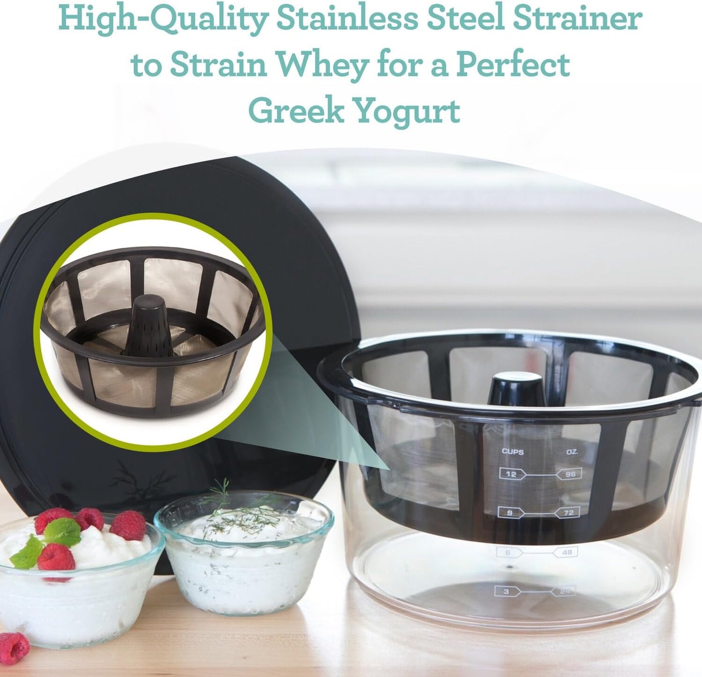 GY60 Greek Yogurt Maker with Ultra Fine Mesh Stainless Steel Strainer Basket, BPA Free, Patented Greek Yogurt Strainer, Ideal for Healthy Homemade Yogurt, Dips, and Desserts
