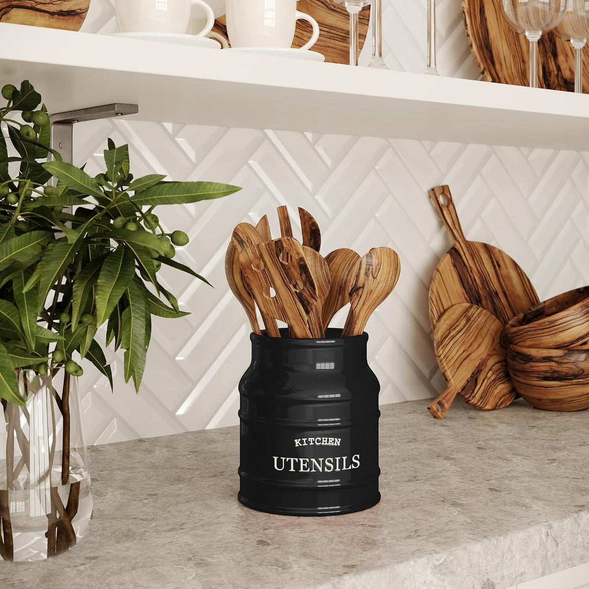Ceramic Kitchen Utensil Holder Countertop 6.75″ (Taupe) | Large Rustic Kitchen Utensil Crock Counter Organizer for Cooking Tools, Spatulas, and Gadgets; Spatula Caddy; Farmhouse Decor