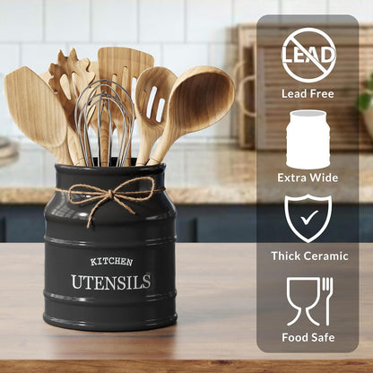 Ceramic Kitchen Utensil Holder Countertop 6.75″ (Taupe) | Large Rustic Kitchen Utensil Crock Counter Organizer for Cooking Tools, Spatulas, and Gadgets; Spatula Caddy; Farmhouse Decor